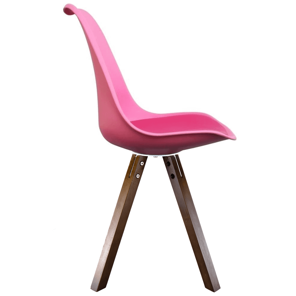 Soho Bright Pink Plastic Dining Chair with Square Pyramid Dark Wood Legs
