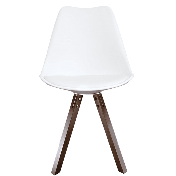 Soho White Plastic Dining Chair with Square Pyramid Dark Wood Legs
