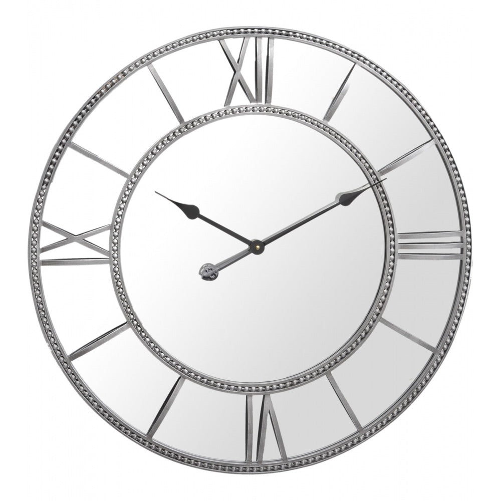 Mirror Wall Clock with Beaded Distressed Grey Frame