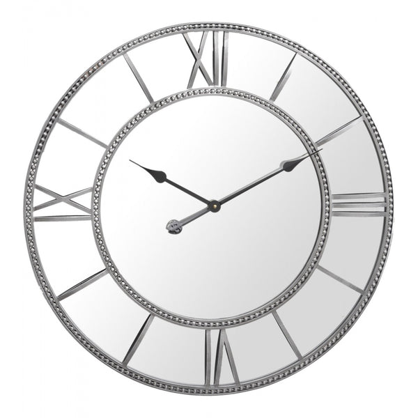 Mirror Wall Clock with Beaded Distressed Grey Frame