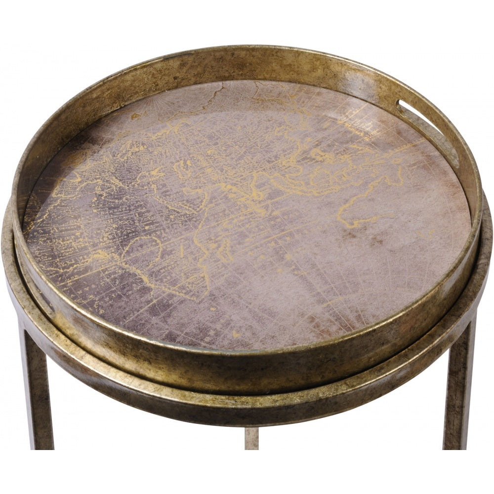 Antique Gold Atlas Print Nest of Side Tables