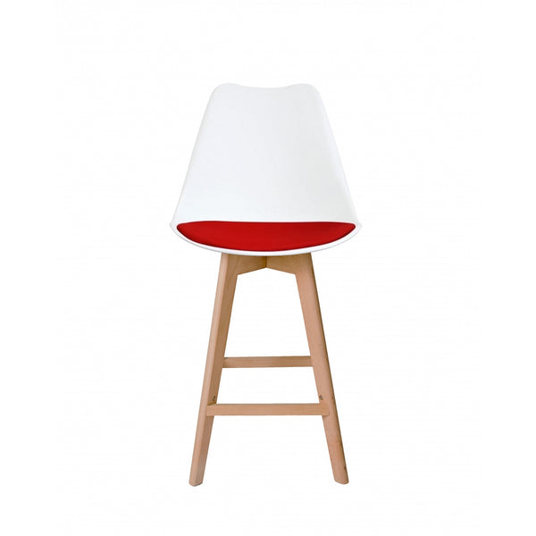 Soho White and Red Plastic Bar Stool with Light Wood Legs