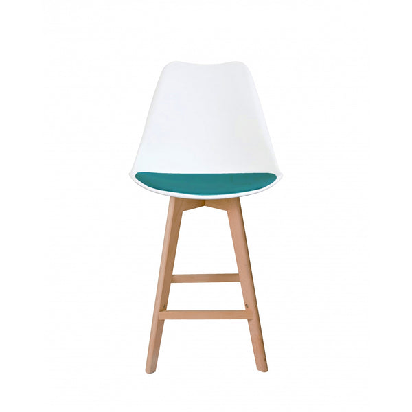 Soho White and Teal Plastic Bar Stool with Light Wood Legs