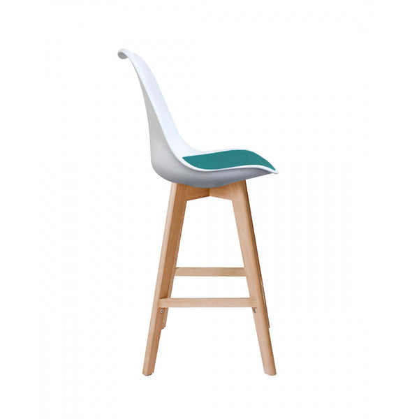Soho White and Teal Plastic Bar Stool with Light Wood Legs