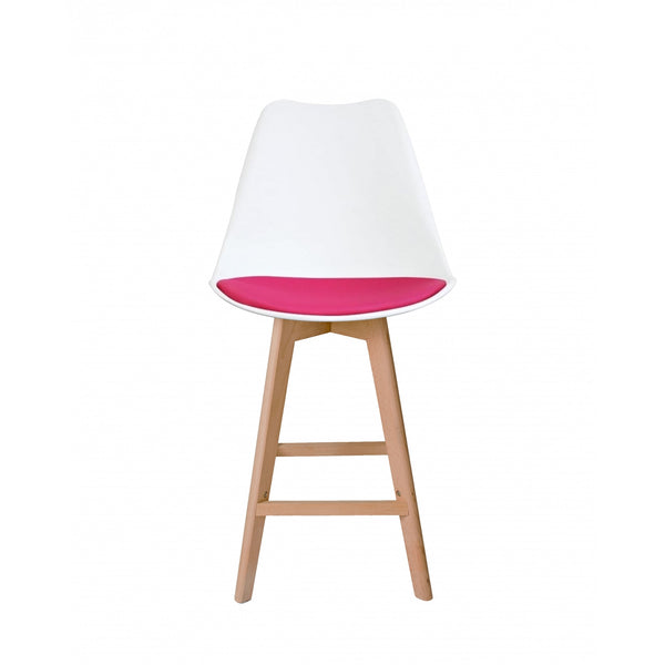 Soho White and Bright Pink Plastic Bar Stool with Light Wood Legs