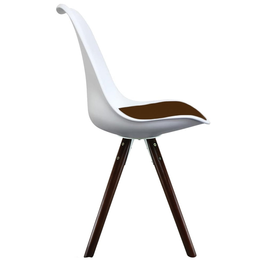Soho White and Chocolate Brown Plastic Dining Chair with Pyramid Dark Wood Legs