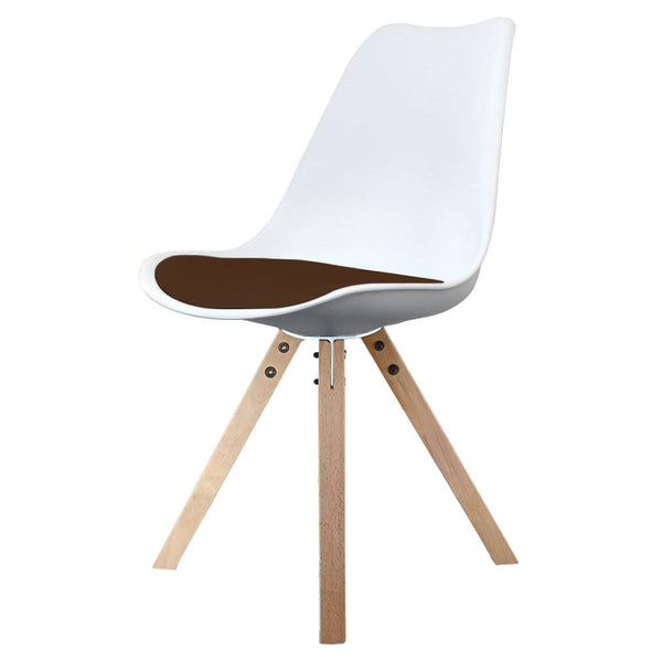 Soho White and Chocolate Brown Plastic Dining Chair with Square Pyramid Light Wood Legs
