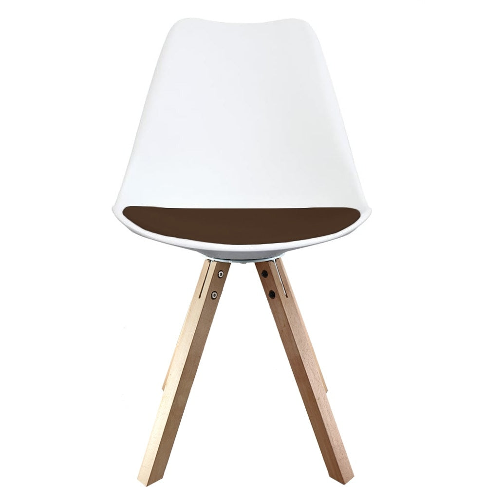 Soho White and Chocolate Brown Plastic Dining Chair with Square Pyramid Light Wood Legs