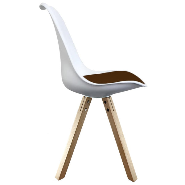 Soho White and Chocolate Brown Plastic Dining Chair with Square Pyramid Light Wood Legs