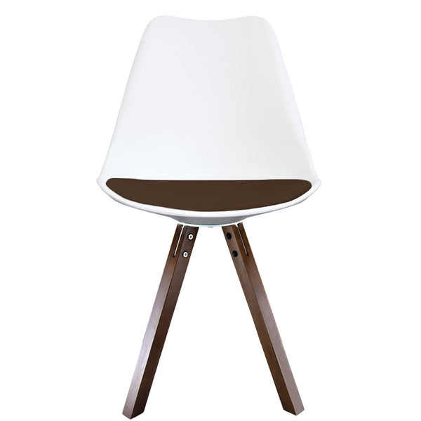 Soho White and Chocolate Brown Plastic Dining Chair with Square Pyramid Dark Wood Legs