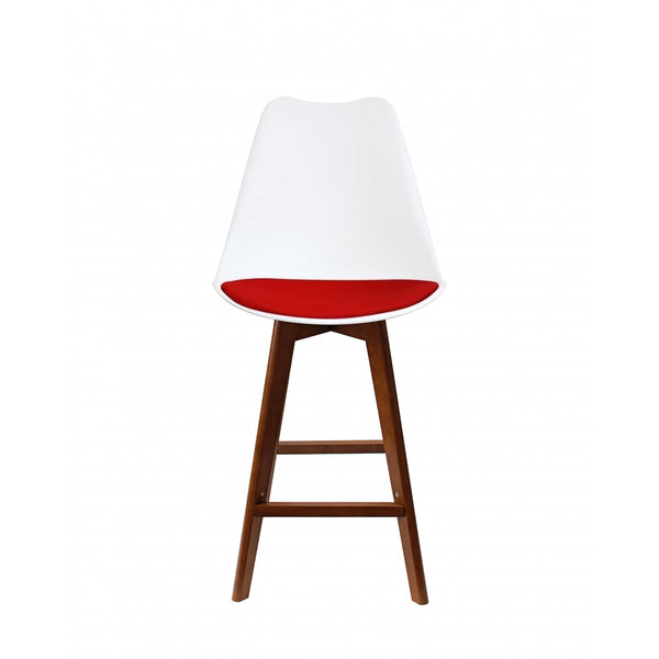 Soho White and Red Plastic Bar Stool with Dark Wood Legs