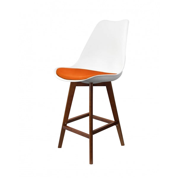 Soho White and Orange Plastic Bar Stool with Dark Wood Legs