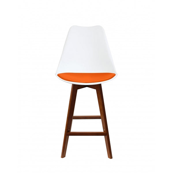Soho White and Orange Plastic Bar Stool with Dark Wood Legs