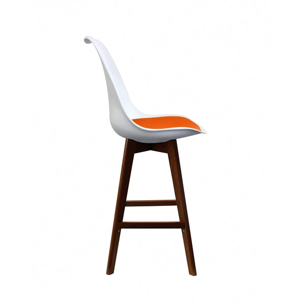 Soho White and Orange Plastic Bar Stool with Dark Wood Legs