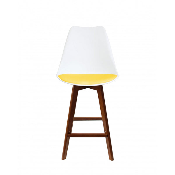 Soho White and Yellow Plastic Bar Stool with Dark Wood Legs