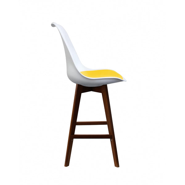 Soho White and Yellow Plastic Bar Stool with Dark Wood Legs