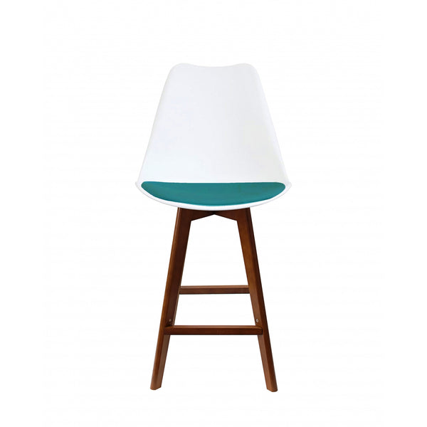 Soho White and Teal Plastic Bar Stool with Dark Wood Legs