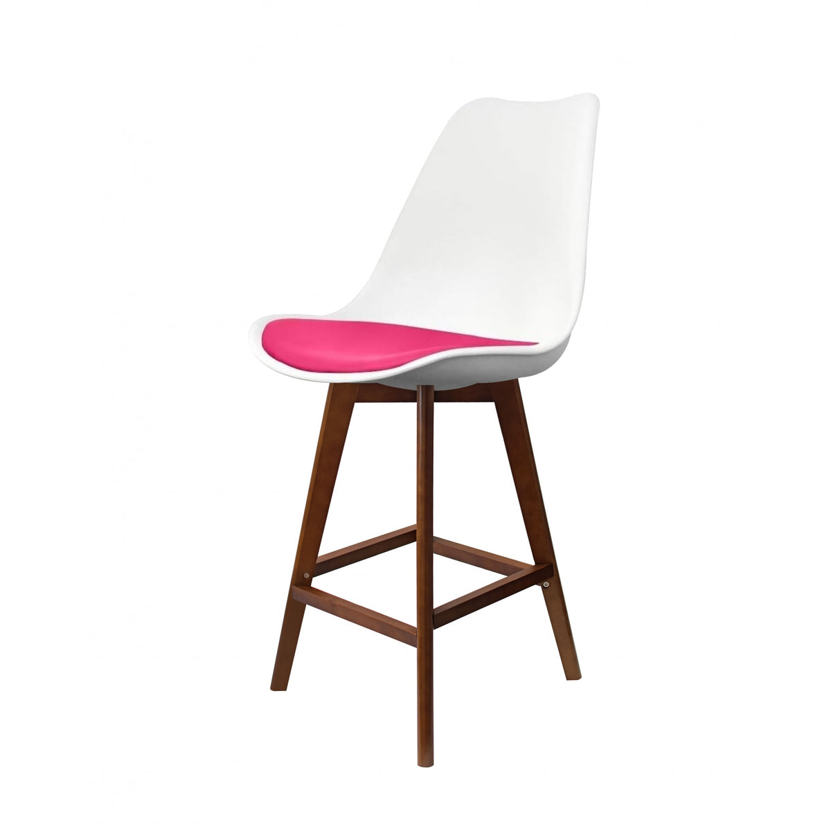 Soho White and Bright Pink Plastic Bar Stool with Dark Wood Legs
