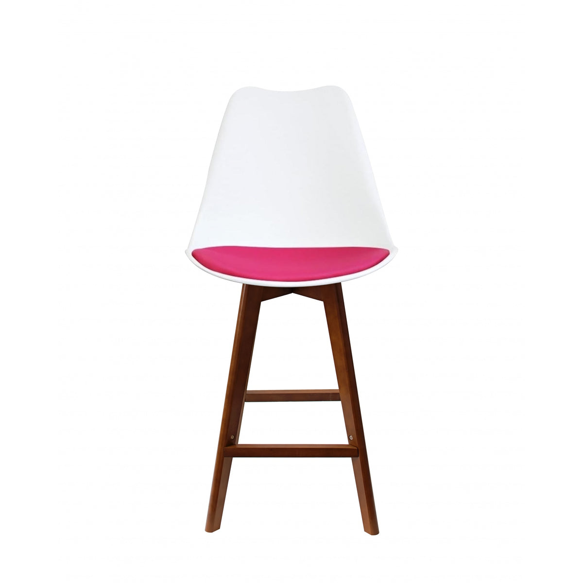 Soho White and Bright Pink Plastic Bar Stool with Dark Wood Legs