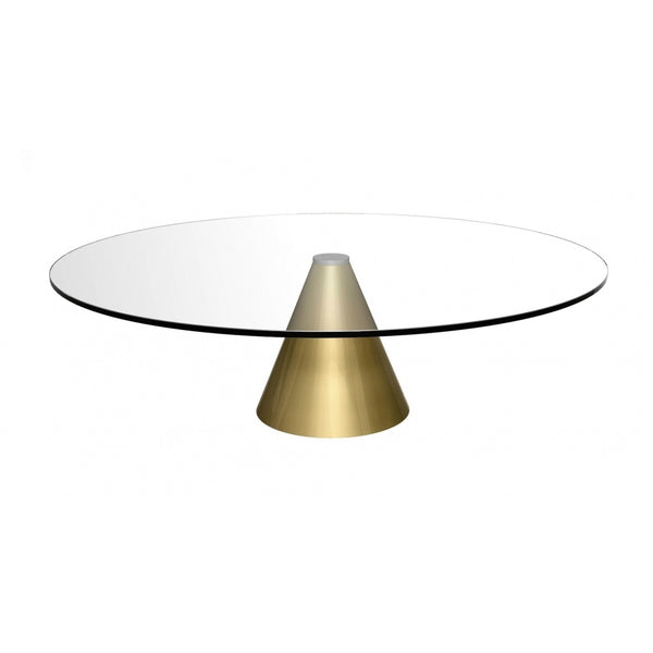 Large Round Clear Glass Coffee Table with Conical Brass Base