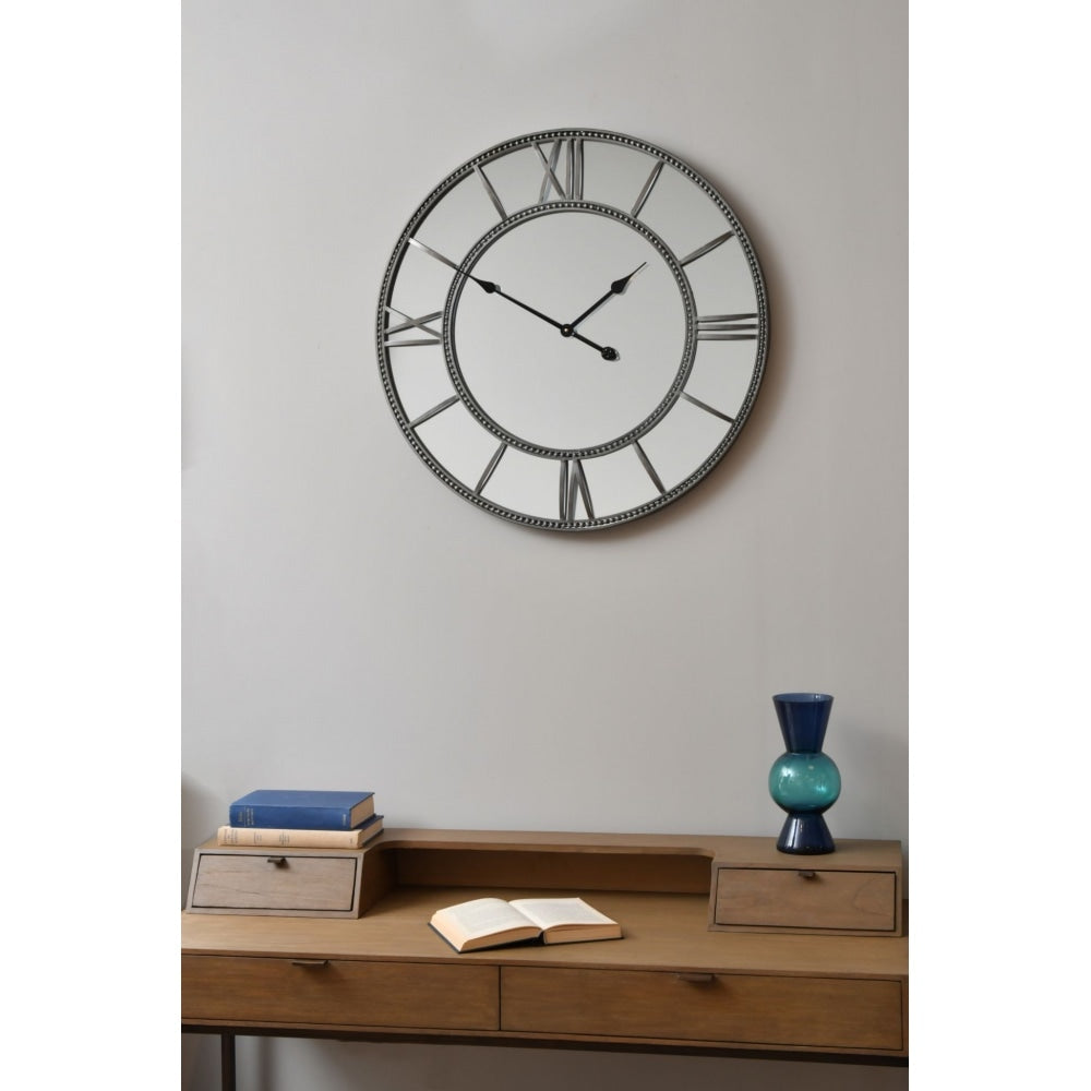 Mirror Wall Clock with Beaded Distressed Grey Frame