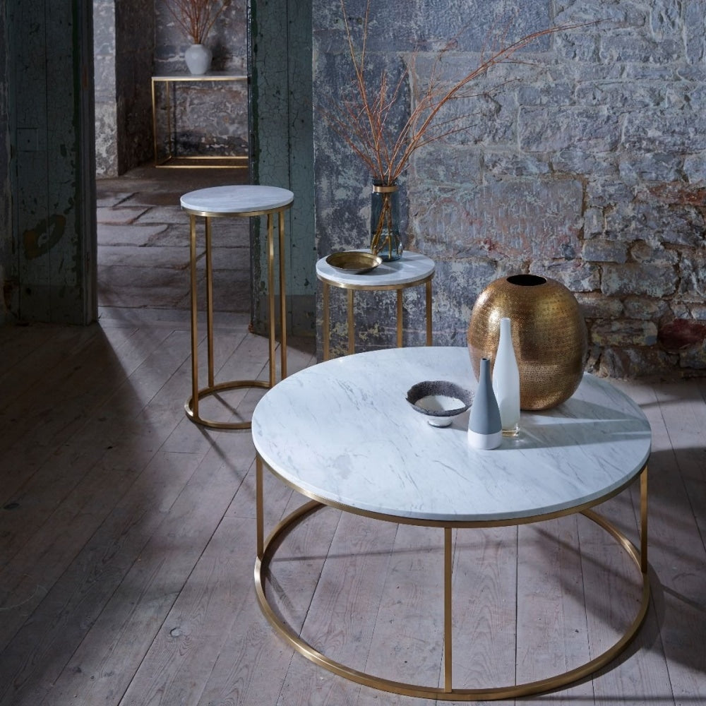 White Marble and Black Metal Contemporary Circular Coffee Table