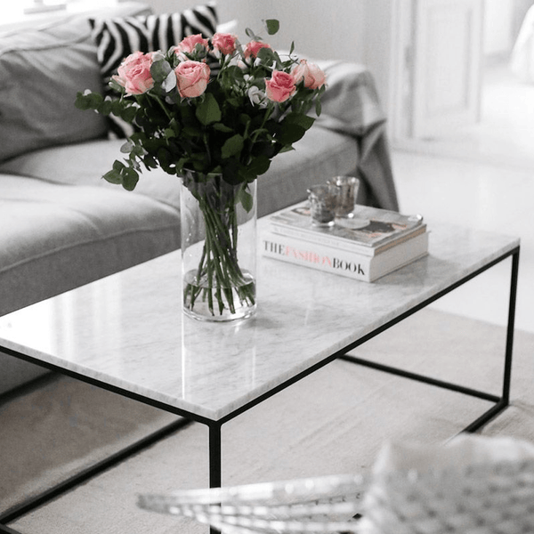 White Marble and Black Metal Contemporary Rectangular Coffee Table