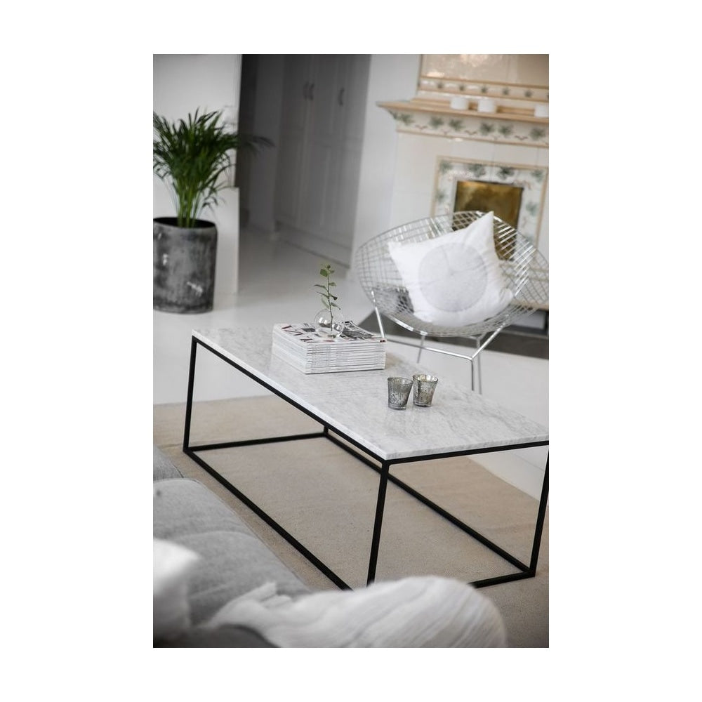 White Marble and Black Metal Contemporary Rectangular Coffee Table