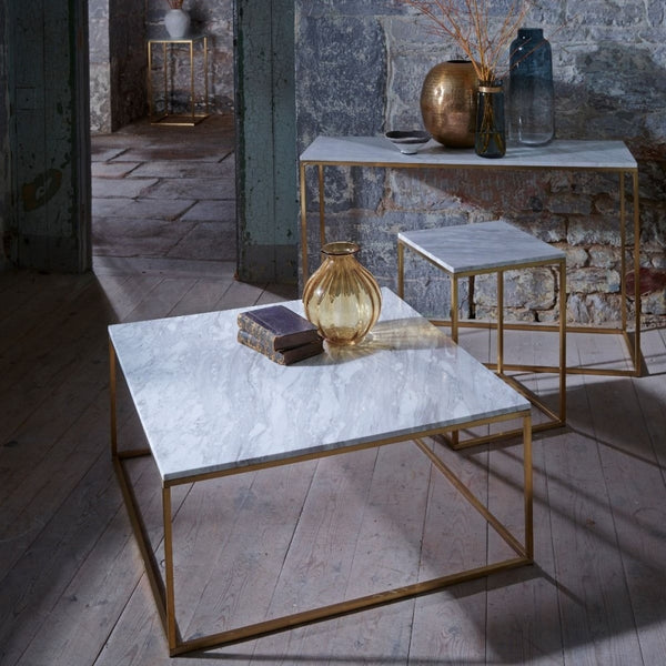 White Marble and Gold Metal Contemporary Rectangular Coffee Table