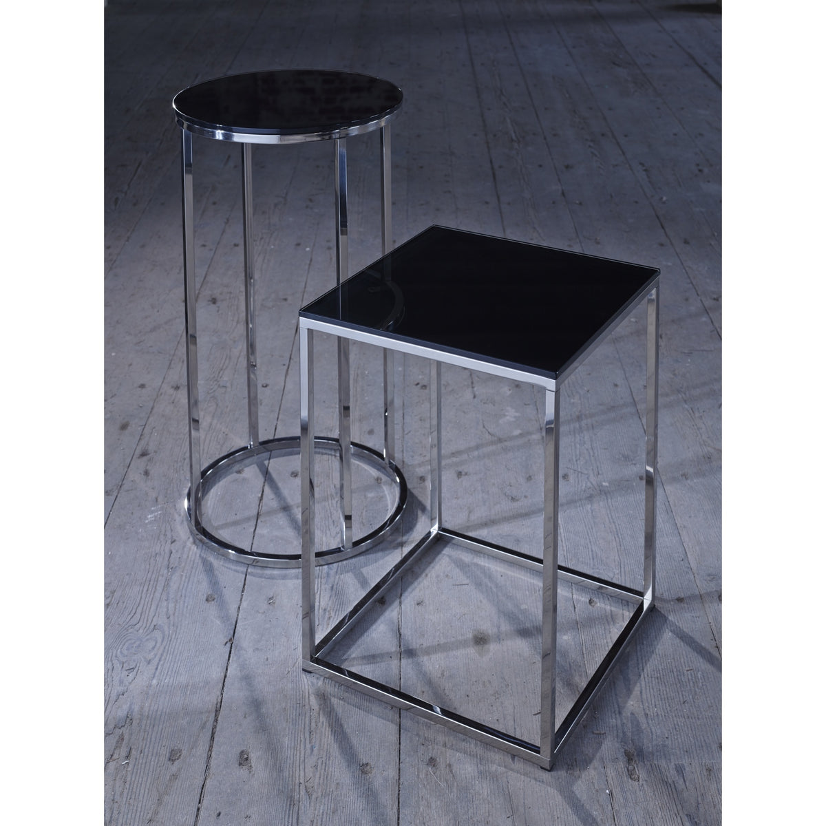 Black Glass and Silver Metal Contemporary Square Side Table