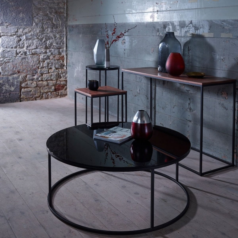 Black Glass and Black Metal Contemporary Circular Coffee Table
