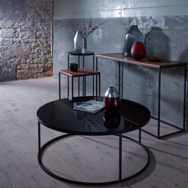 Black Glass and Black Metal Contemporary Circular Coffee Table