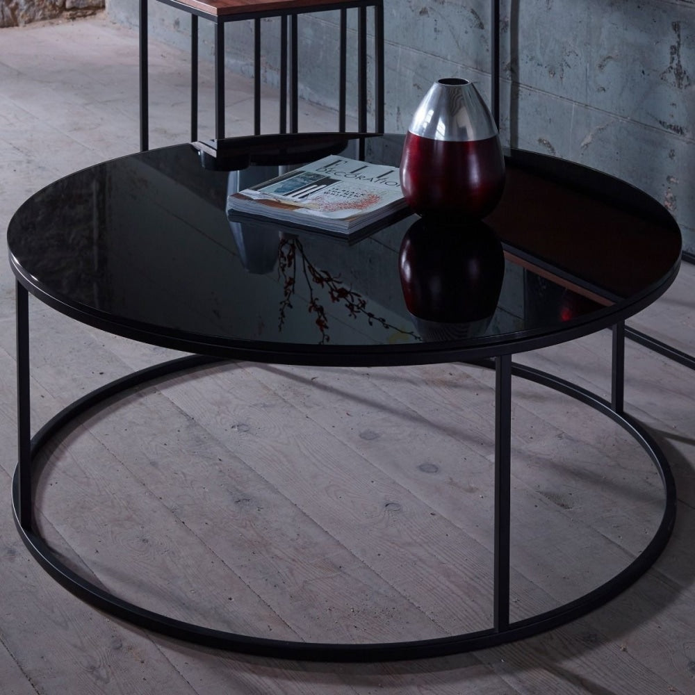 Black Glass and Black Metal Contemporary Circular Coffee Table