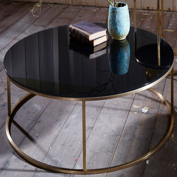 Black Glass and Gold Metal Contemporary Circular Coffee Table