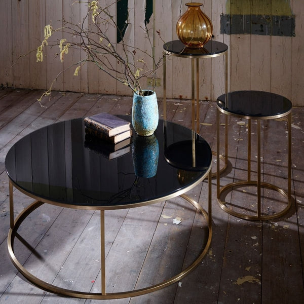 Black Glass and Gold Metal Contemporary Circular Coffee Table