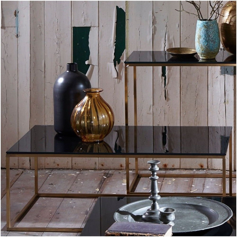 Black Glass and Gold Metal Contemporary Rectangular Coffee Table