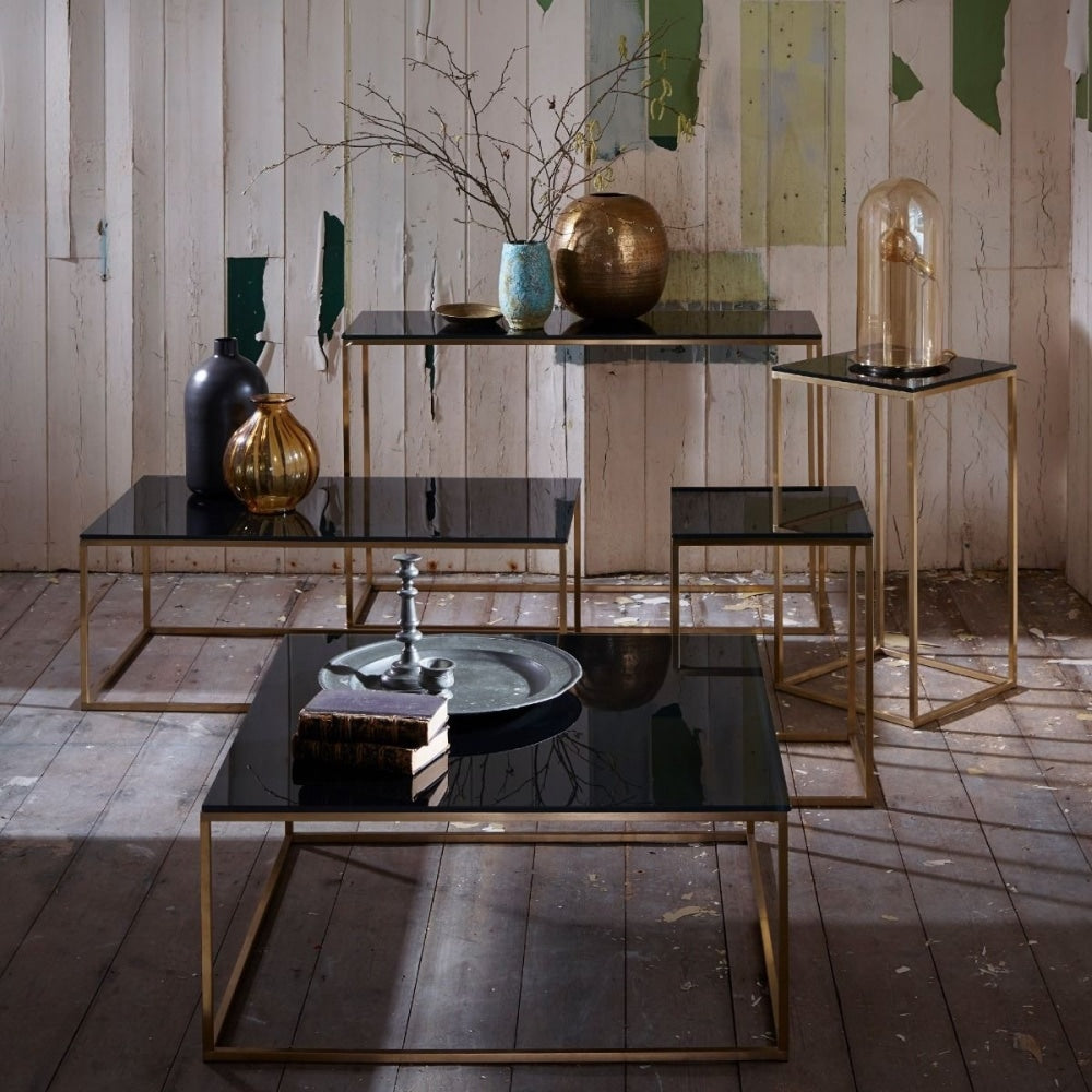 Black Glass and Gold Metal Contemporary Rectangular Coffee Table