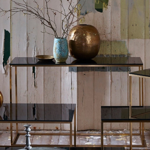 Black Glass and Gold Metal Contemporary Console Table