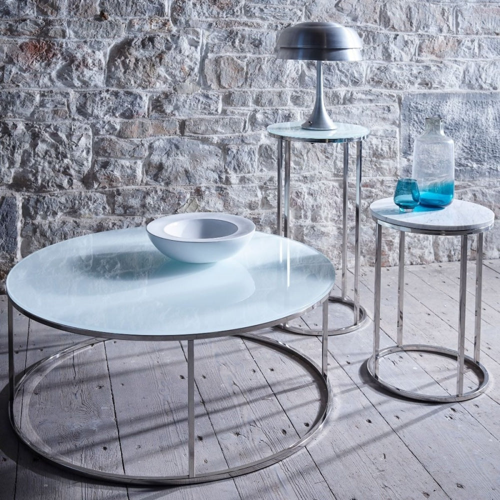 White Glass and Gold Metal Contemporary Circular Coffee Table