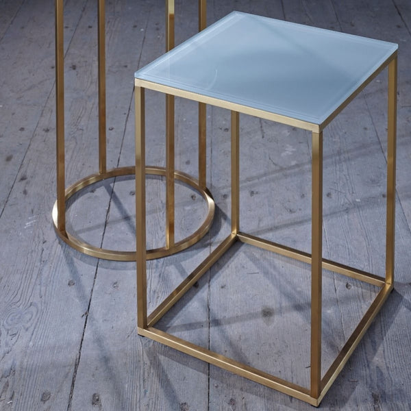 White Glass and Gold Metal Contemporary Square Side Table
