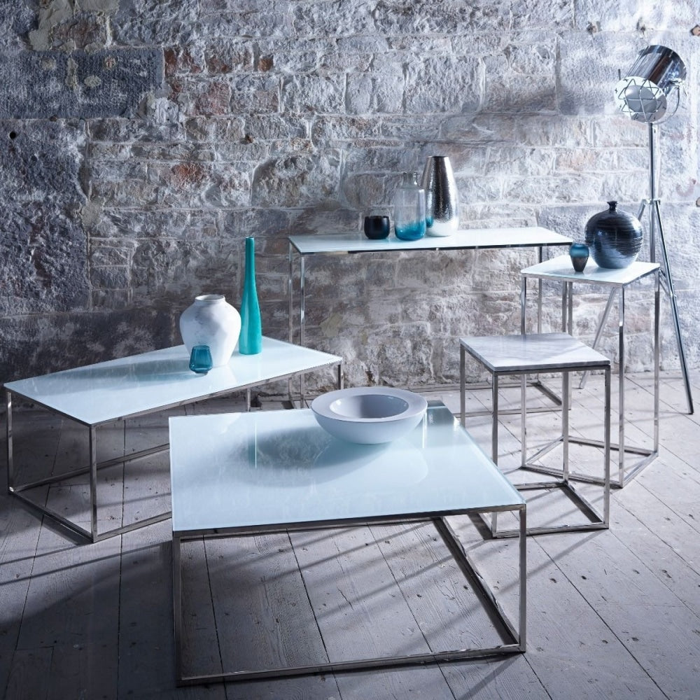 White Glass and Silver Metal Contemporary Square Coffee Table