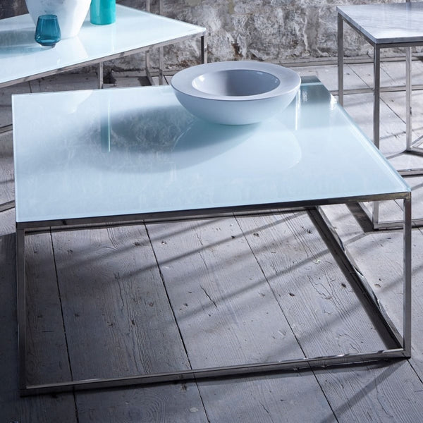 White Glass and Silver Metal Contemporary Square Coffee Table