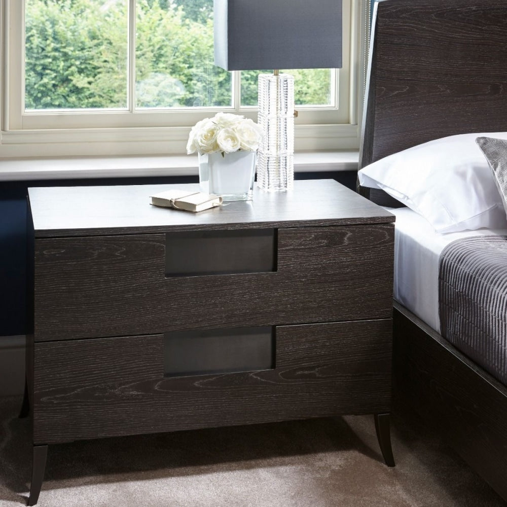 Wide Bedside Chest in Dark Charcoal Wood with Gun Metal Legs
