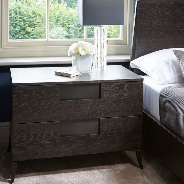 Wide Bedside Chest in Dark Charcoal Wood with Gun Metal Legs
