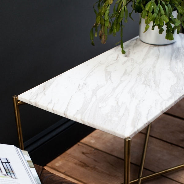 White Marble Rectangular Side Table with Brass Cross Base