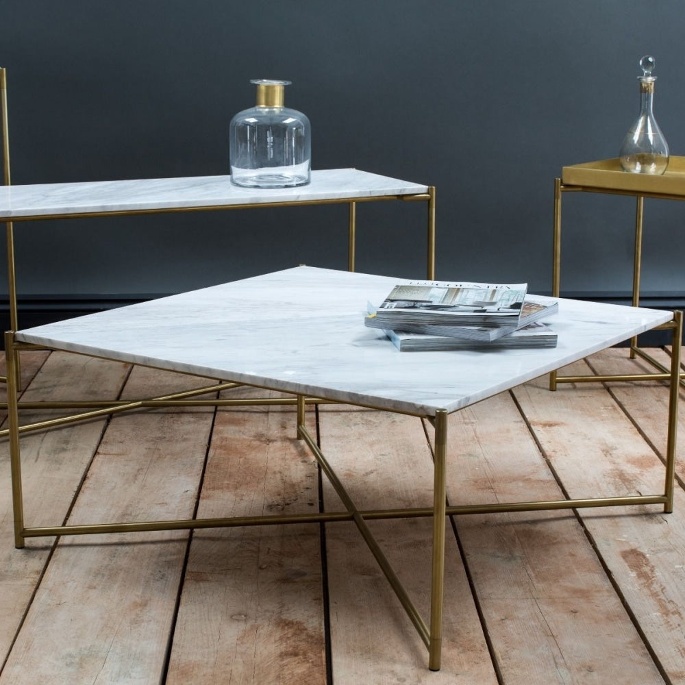White Marble Rectangular Coffee Table with Brass Cross Base