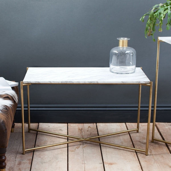 White Marble Small Console Table with Brass Cross Base