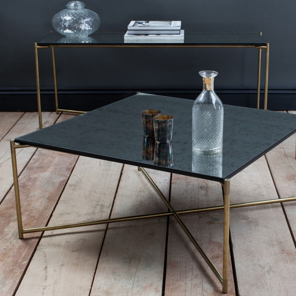 Weathered Oak Large Console Table with Brass Cross Base