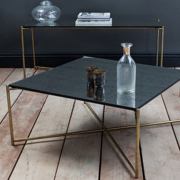 Weathered Oak Large Console Table with Brass Cross Base