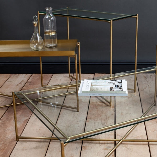 Antiqued Glass Large Console Table with Brass Cross Base